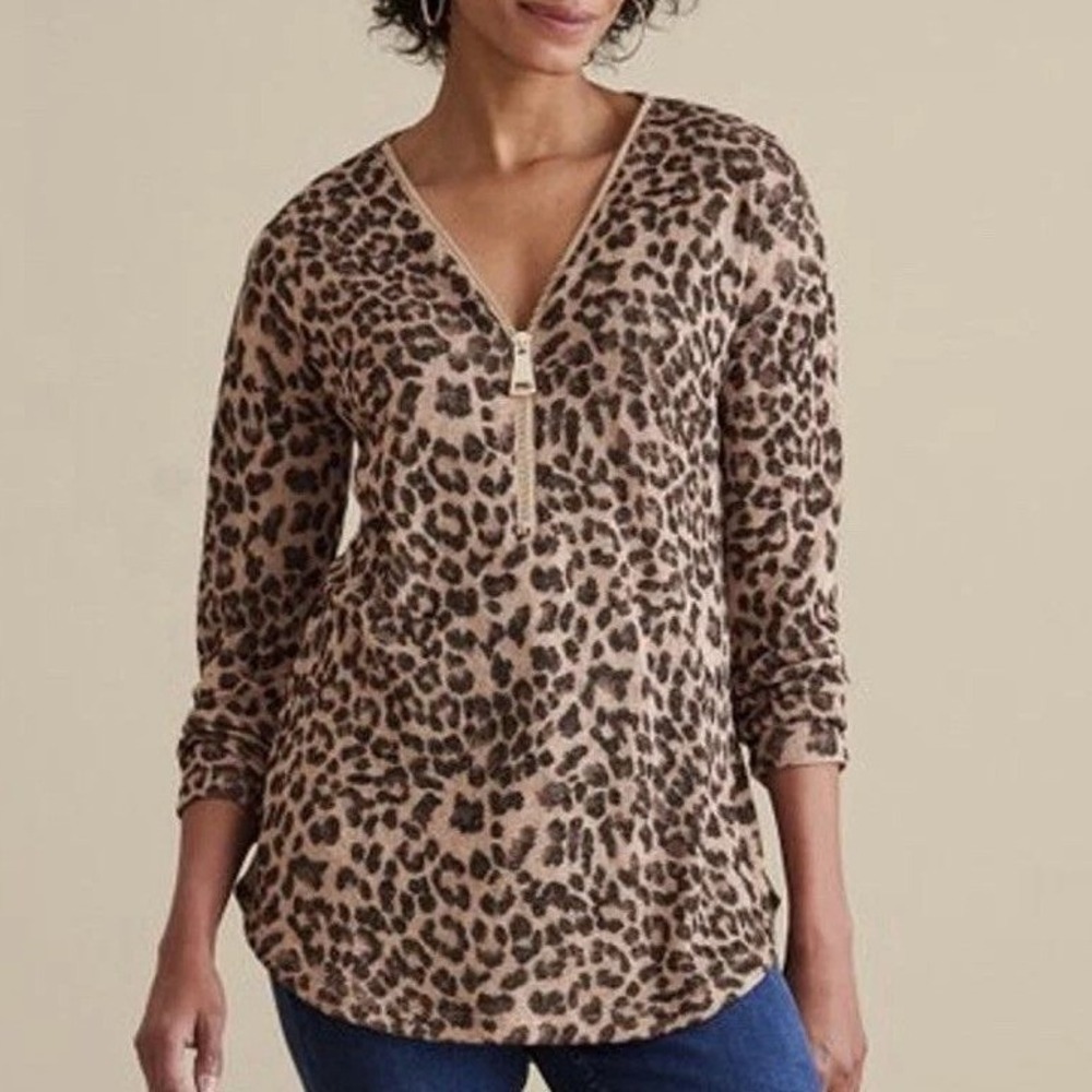 Soft Surroundings Leopard Half Zip Knit Top Women Small Brown Polyester